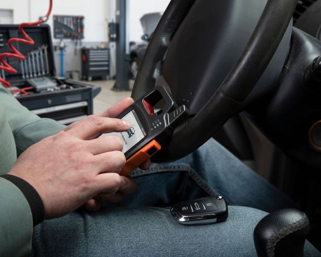 Persona che usa un dispositivo portatile montato vicino al volante di un'auto