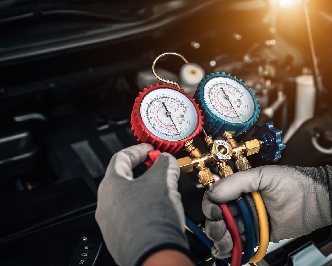 Mani guantate che tengono un gruppo manometrico per climatizzazione collegato ai tubi dell’aria condizionata di un’auto nel vano motore