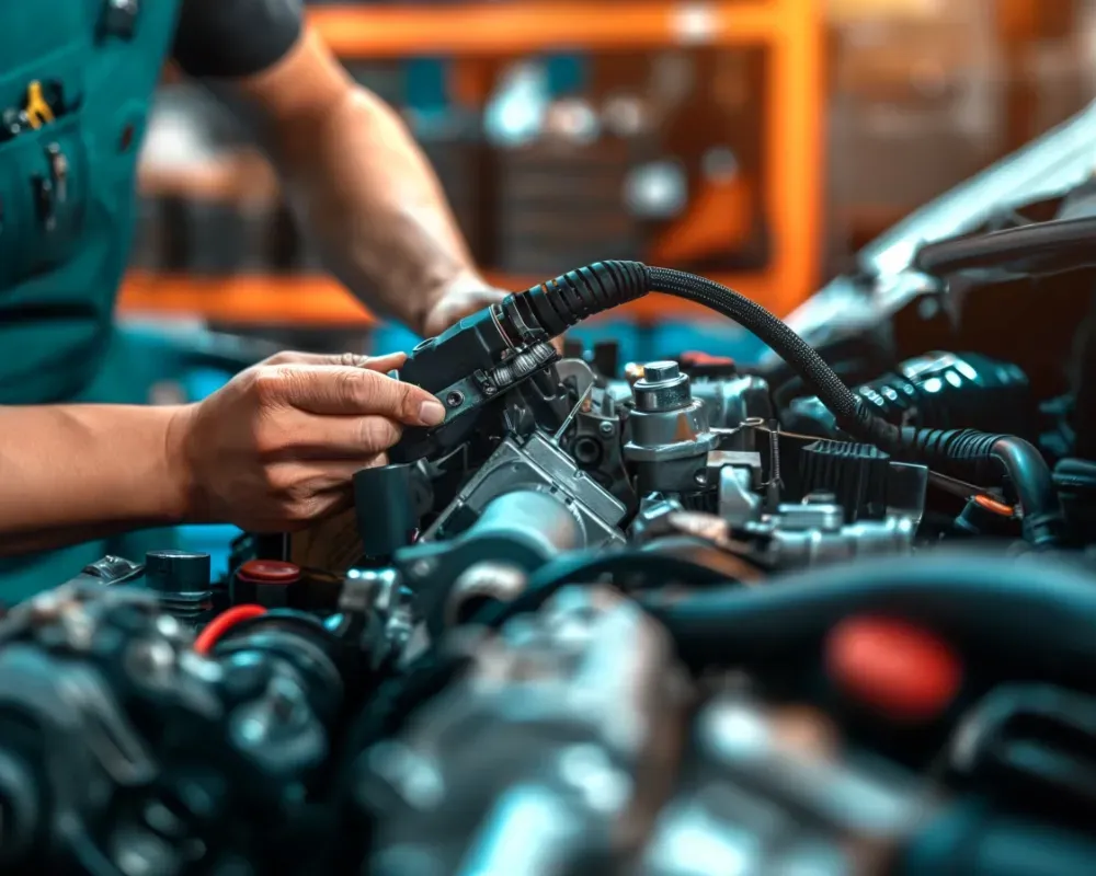 Meccanico al lavoro sul motore di un'auto, mentre sistema i cavi in un'officina con attrezzi sfocati in primo piano
