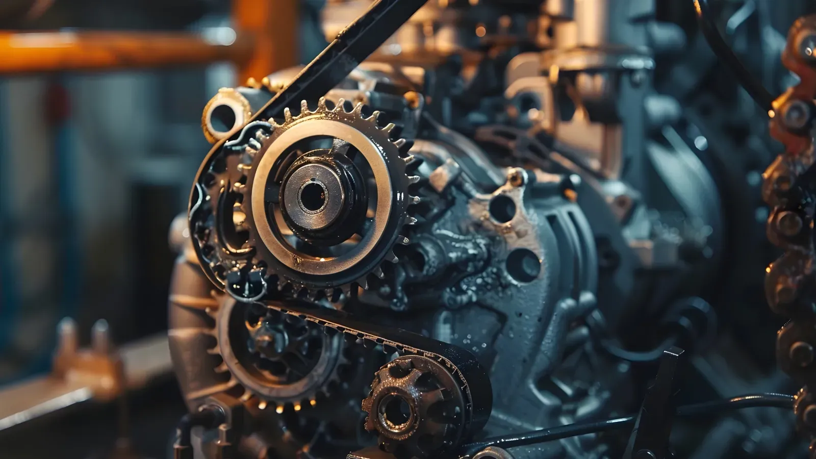 Primo piano di ingranaggi e macchinari metallici a vista in un ambiente industriale poco illuminato