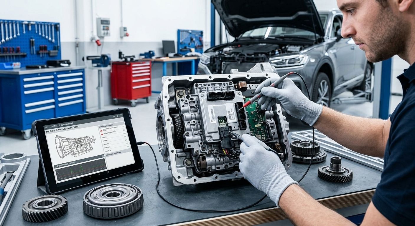 Meccanico che ispeziona la trasmissione di un’auto in officina, accanto a un laptop e a un banco da lavoro con gli attrezzi
