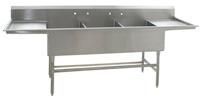 A stainless steel sink with three sinks and a drain board on a white background.