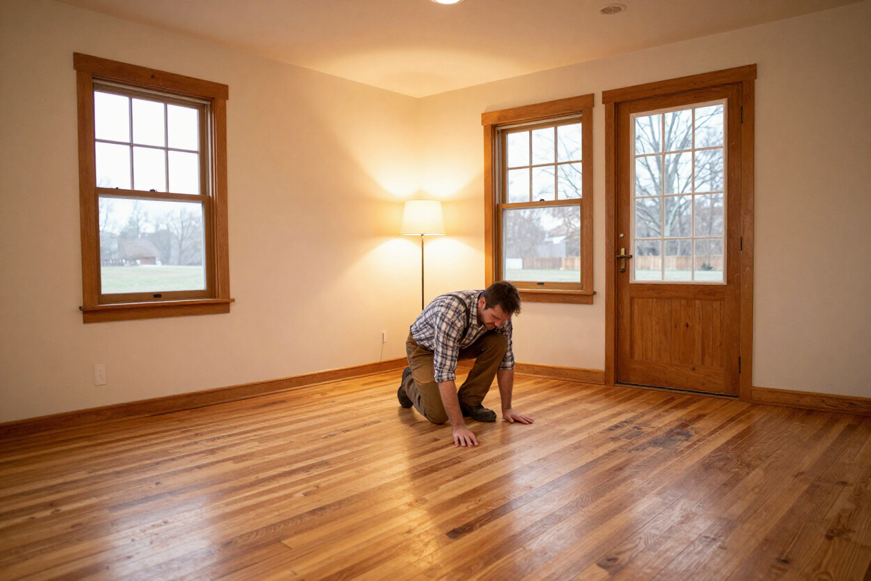 Worker kneeling on a hardwood floor in a sunlit empty room