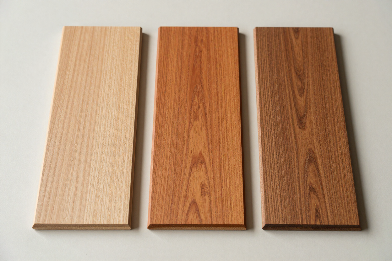 Three wood sample planks in light, medium, and dark brown tones