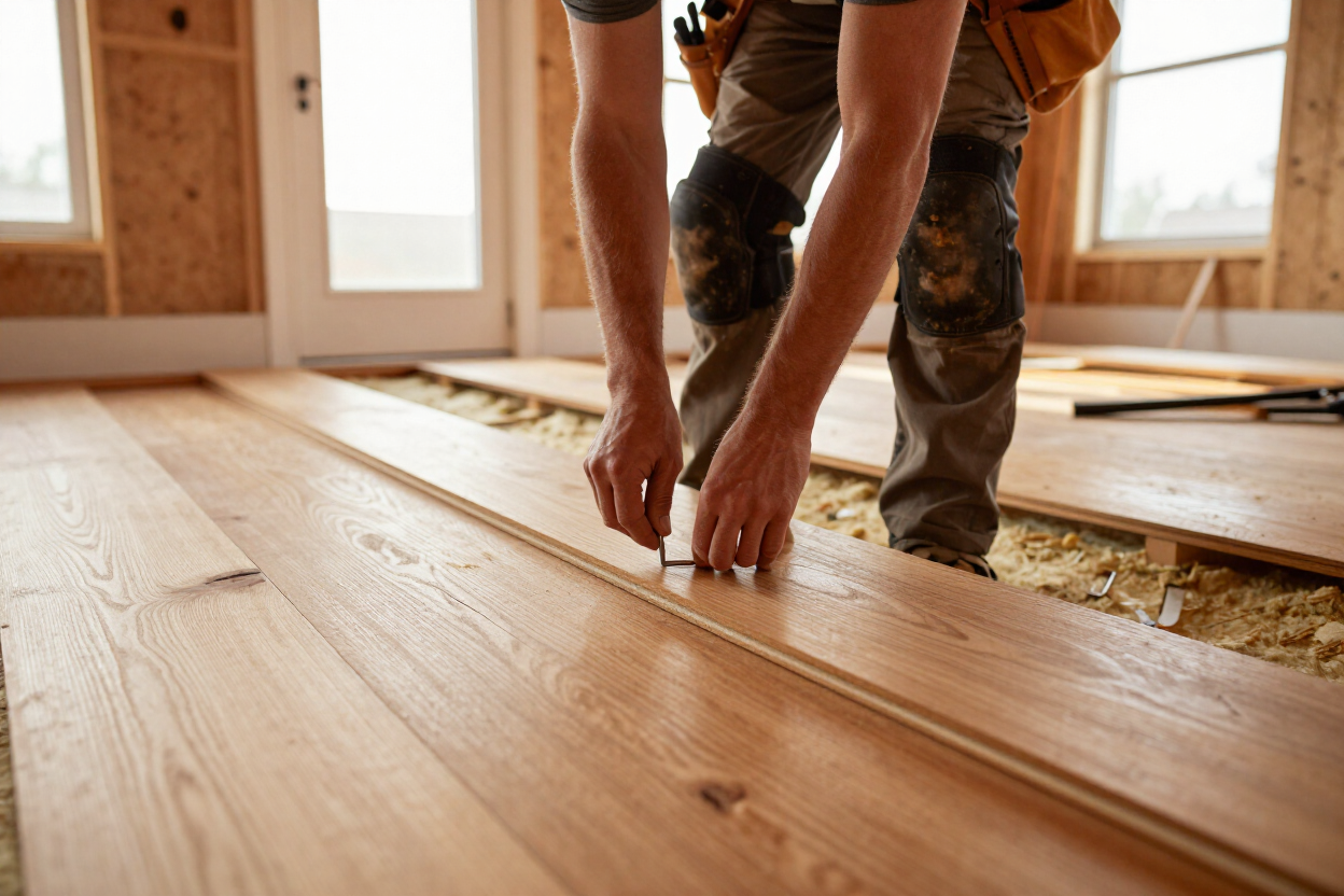 Worker installing hardwood flooring in a sunlit room