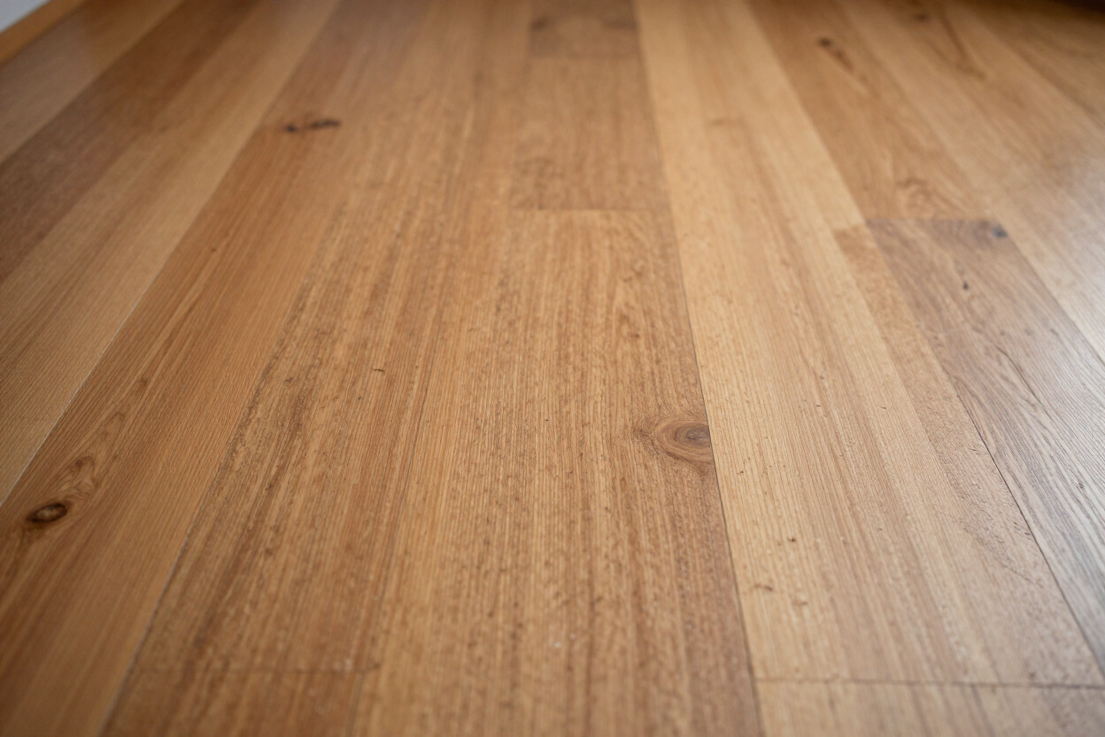 Close-up of a light brown wooden floor with visible plank grain