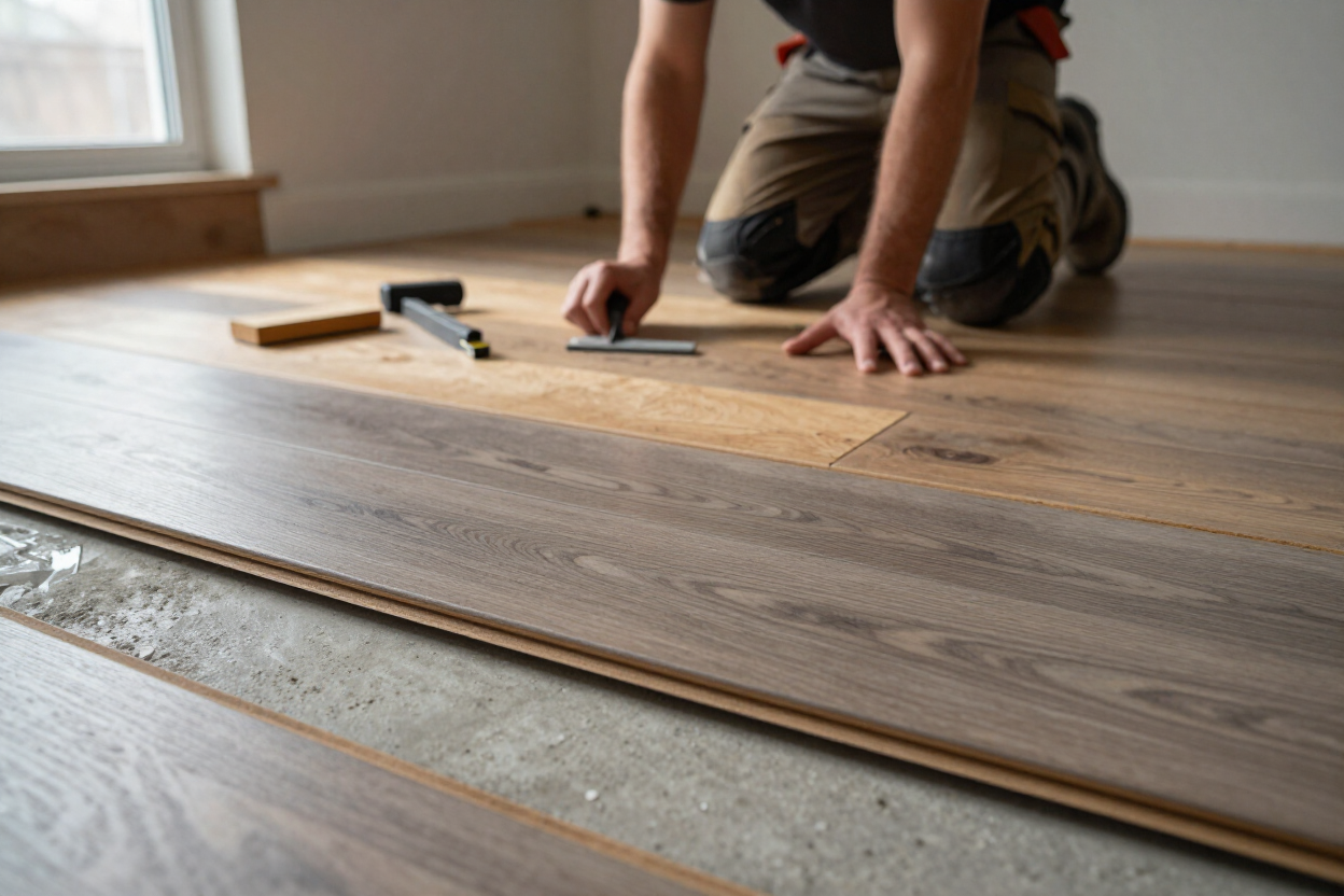 Person kneeling to install wood flooring with tools