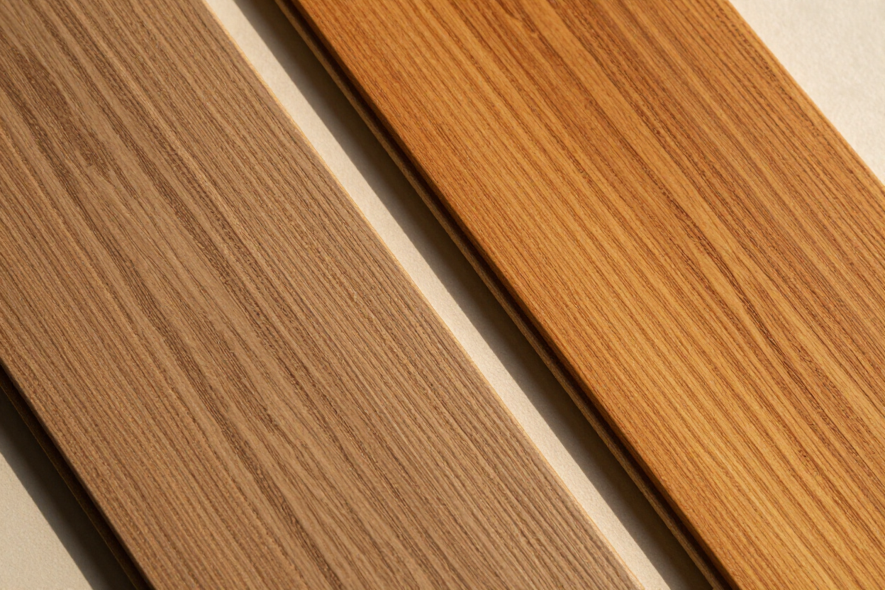 Close-up of two wooden panels with a narrow diagonal gap between them