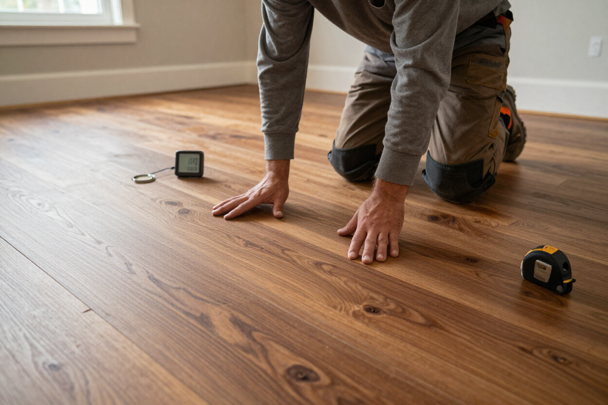 Person kneeling on a hardwood floor installing planks