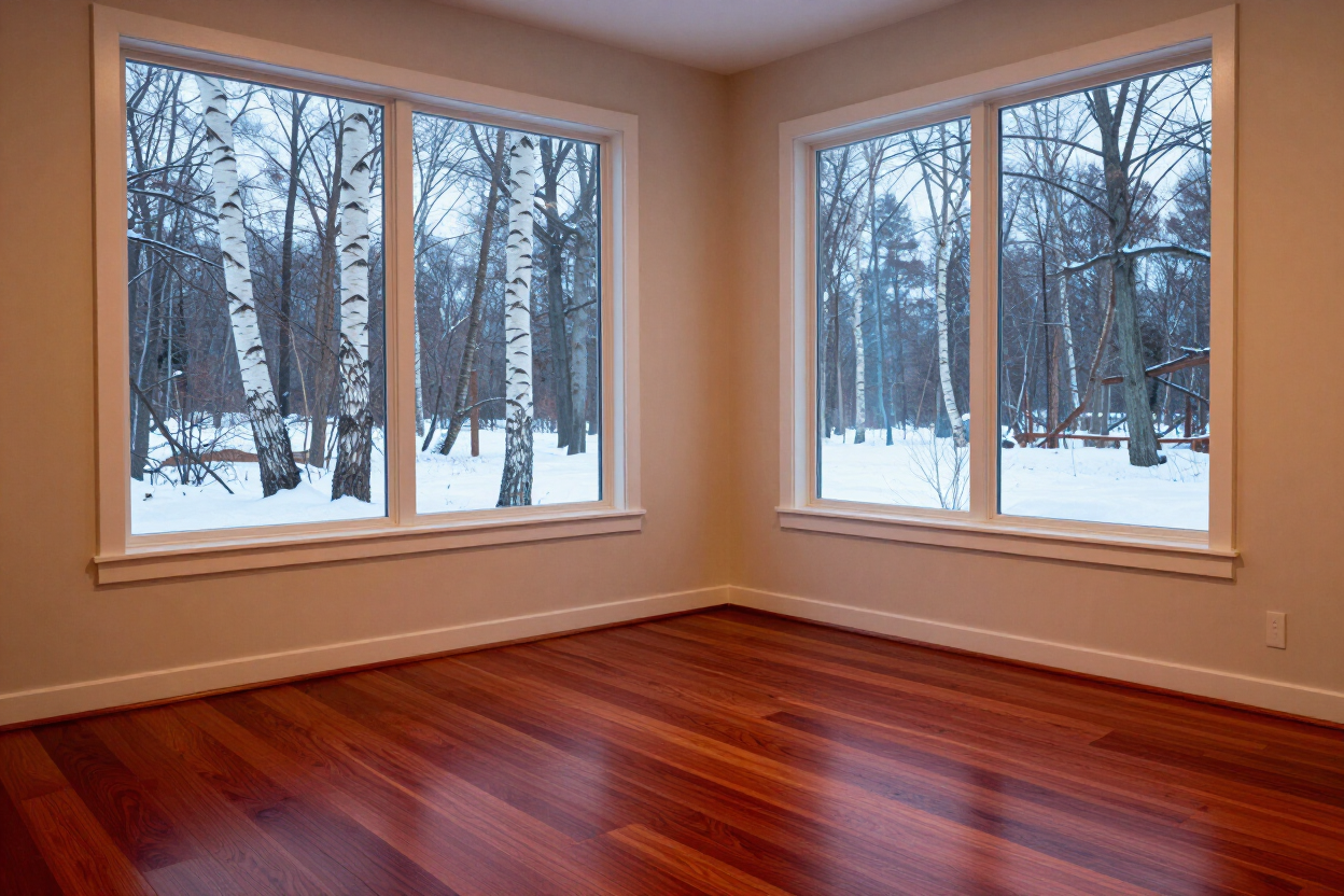 Empty room with hardwood floors and large windows