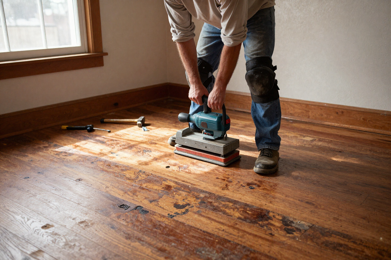 Person sanding a worn wooden floor in a room near a window