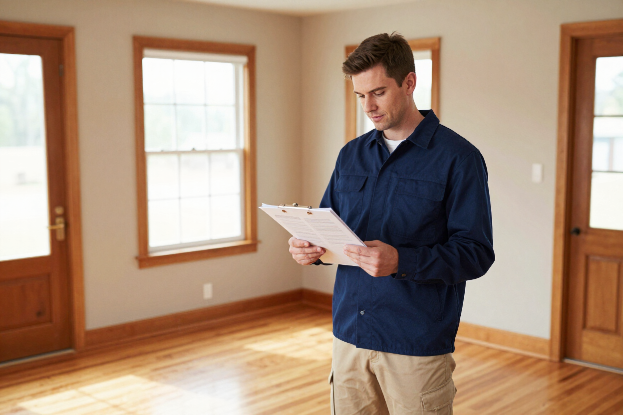 Man in a blue shirt reading a document in a bright empty room with wood floors