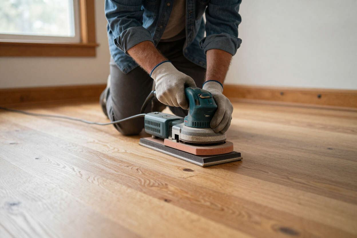 Person sanding a wooden floor with a power sander