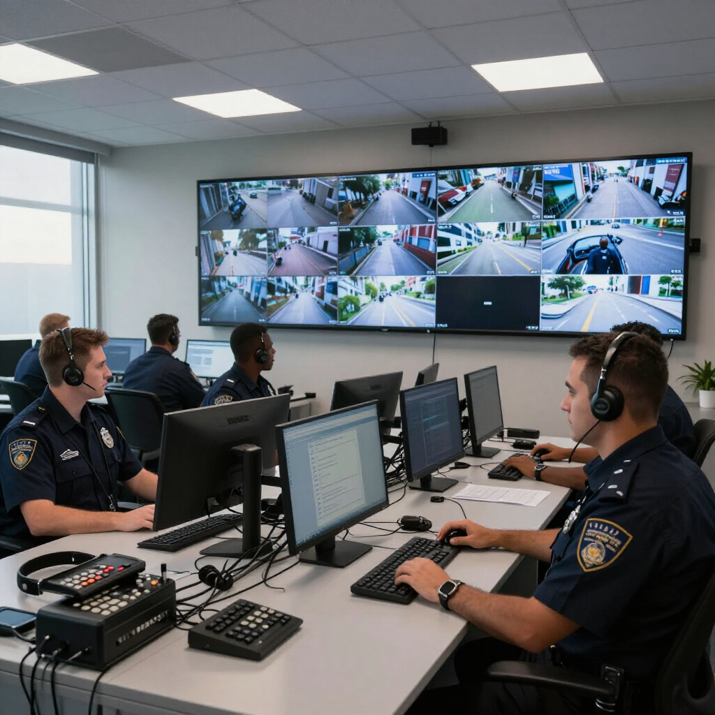 Police officers monitoring security camera feeds in a control room