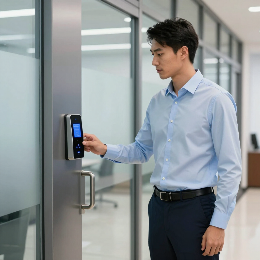 Man in a blue shirt scanning a biometric access panel at an office glass door