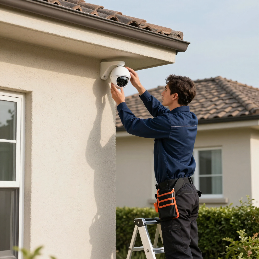 Technician installing a white security camera on a house exterior using a ladder