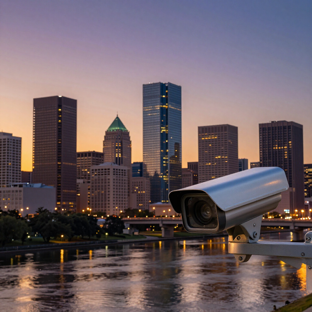 Surveillance camera over a city skyline at sunset, with buildings reflecting in the water.