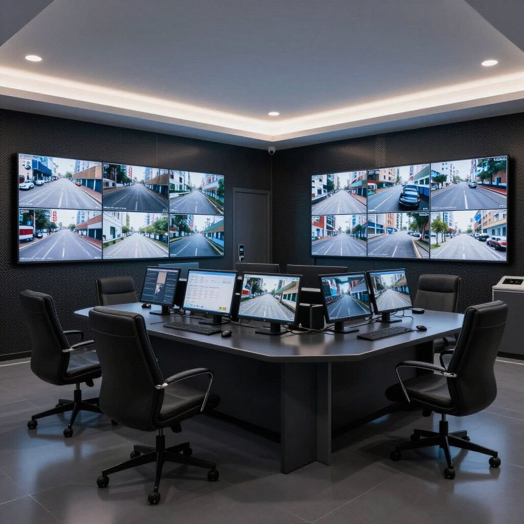 Modern security control room with multiple monitors and swivel chairs monitoring CCTV feeds