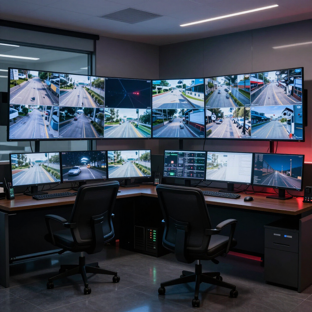 Security monitoring room with multiple wall-mounted CCTV screens and two empty chairs at workstations