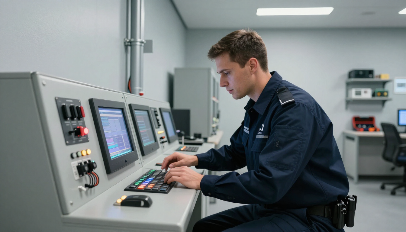 Security professional inspecting office access system