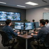 Security team monitoring multiple surveillance cameras in a control room with desktop monitors and wall display.