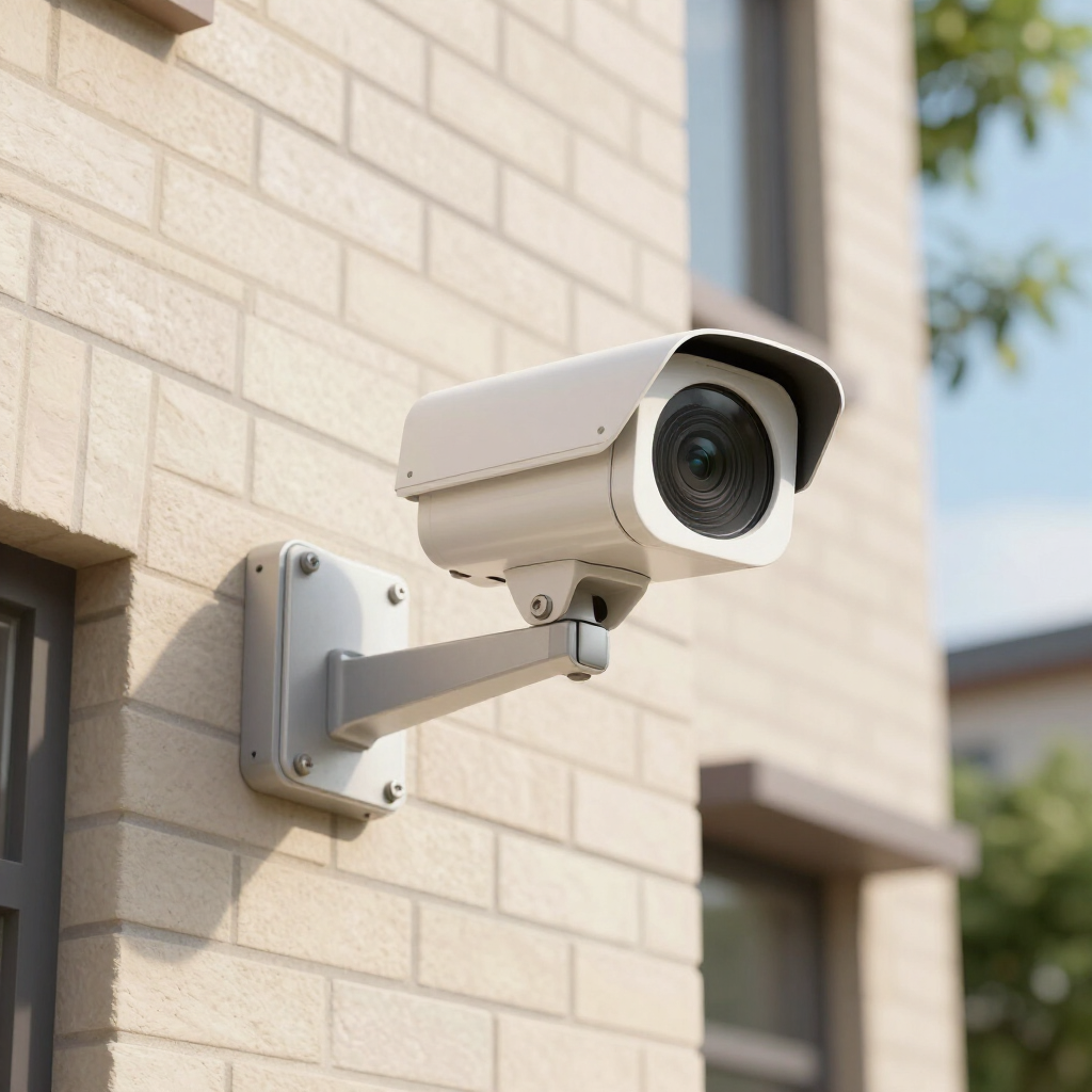 White security camera mounted on a beige brick wall outside a building
