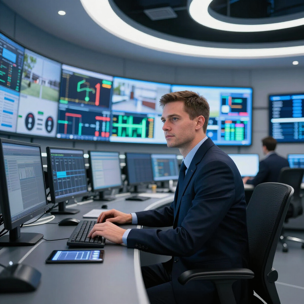 Technician monitoring multiple trading screens in a modern control room, typing at a workstation.