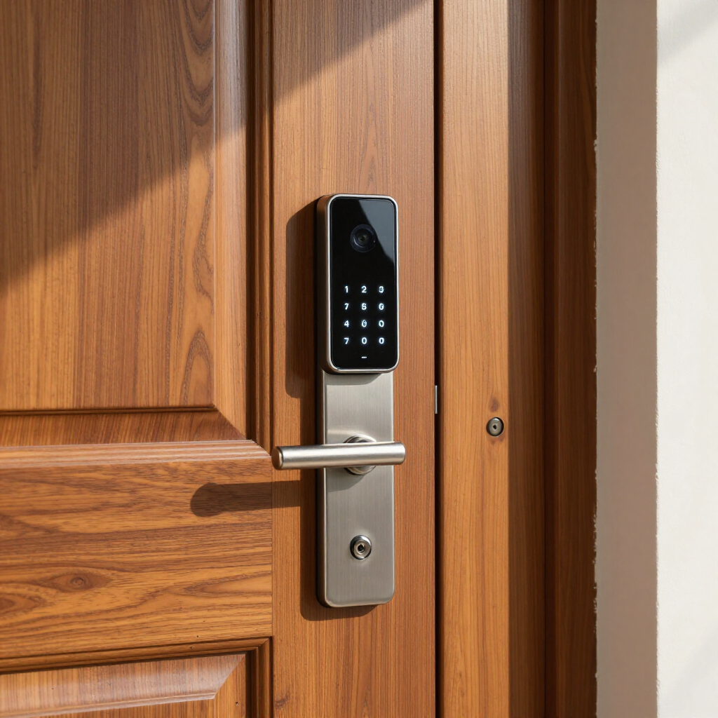 Wooden front door with a silver digital keypad lock and handle in sunlight