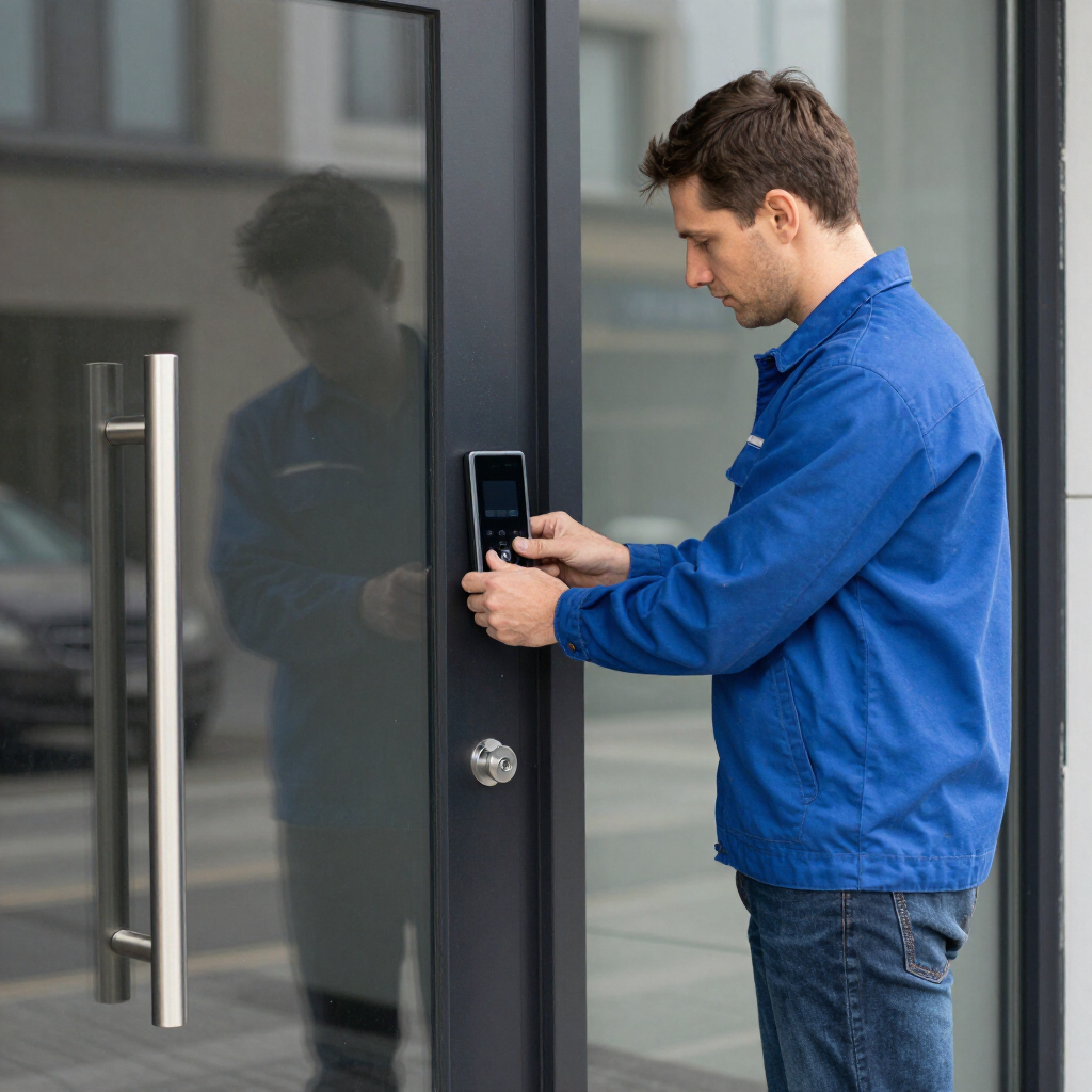 Man in blue jacket using a keypad to unlock a glass office door