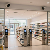 Modern pharmacy entrance with self-checkout kiosks and shelves of products inside