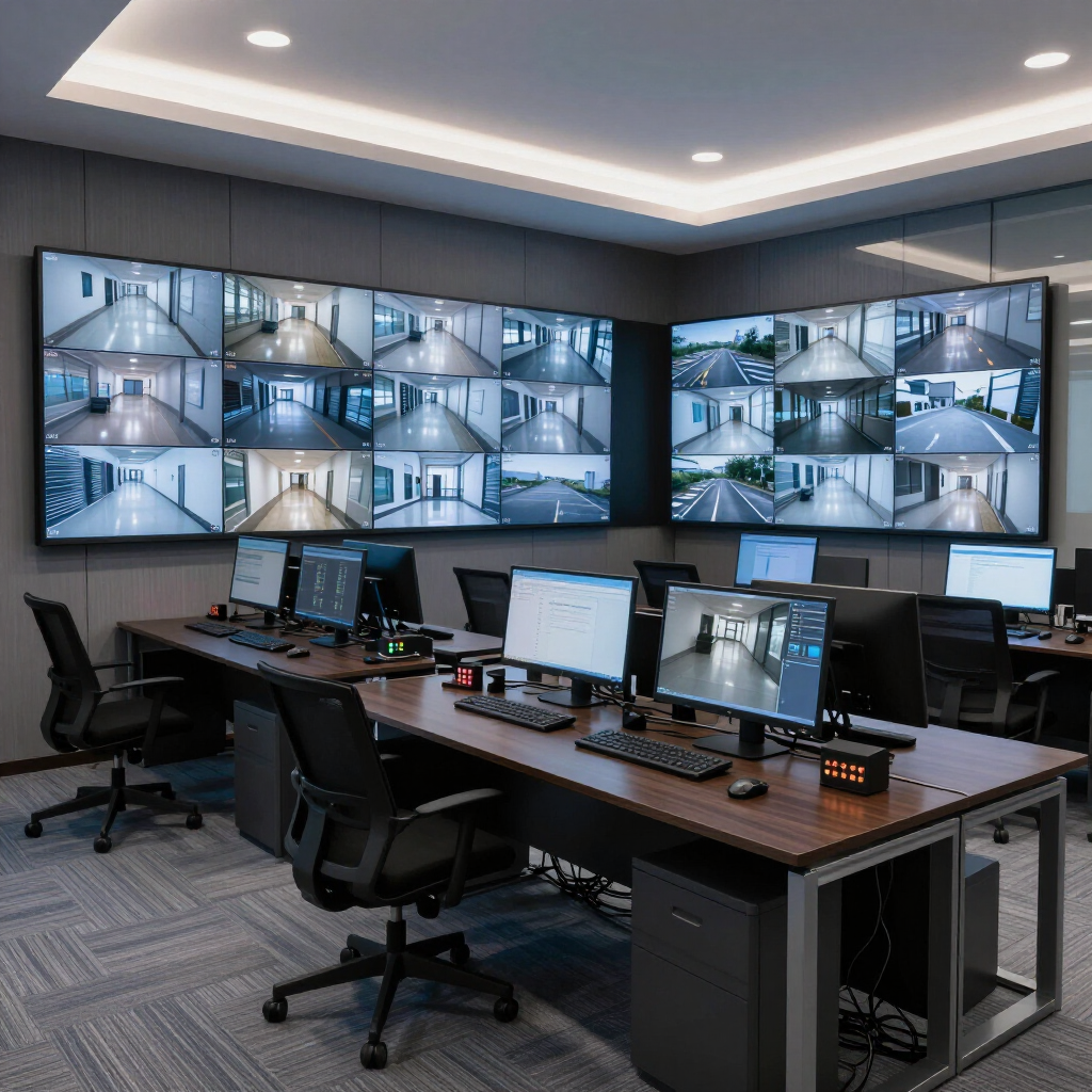 Modern security operations room with multiple surveillance monitors and computer workstations