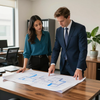 Two coworkers review blueprints on a table in a bright office