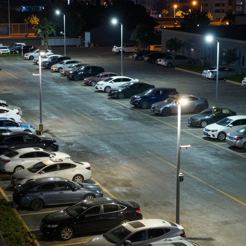 Nighttime parking lot with rows of parked cars and bright streetlights