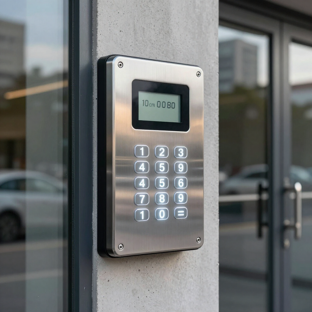 Wall-mounted keypad access panel with small display beside a glass door.