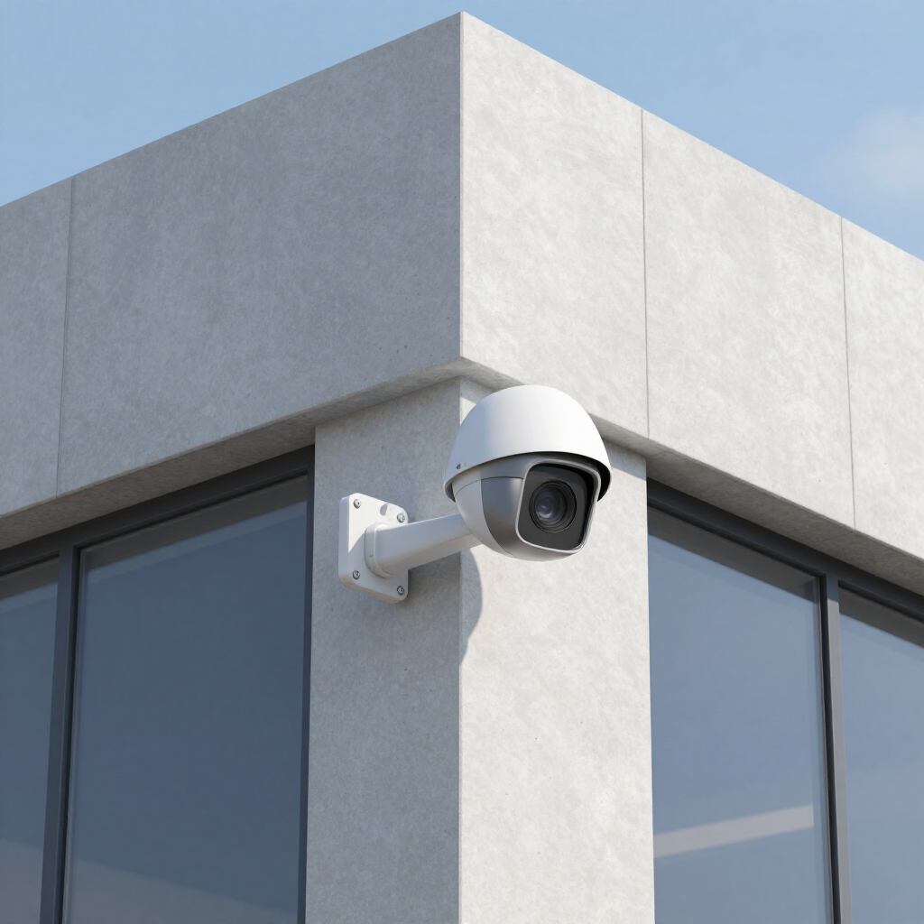 Security camera mounted on the corner of a modern building against a blue sky
