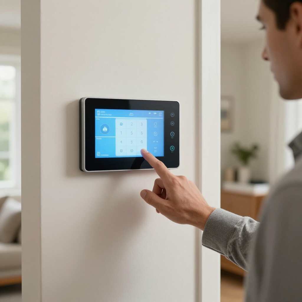 Person tapping a blue touchscreen thermostat mounted on a wall indoors.