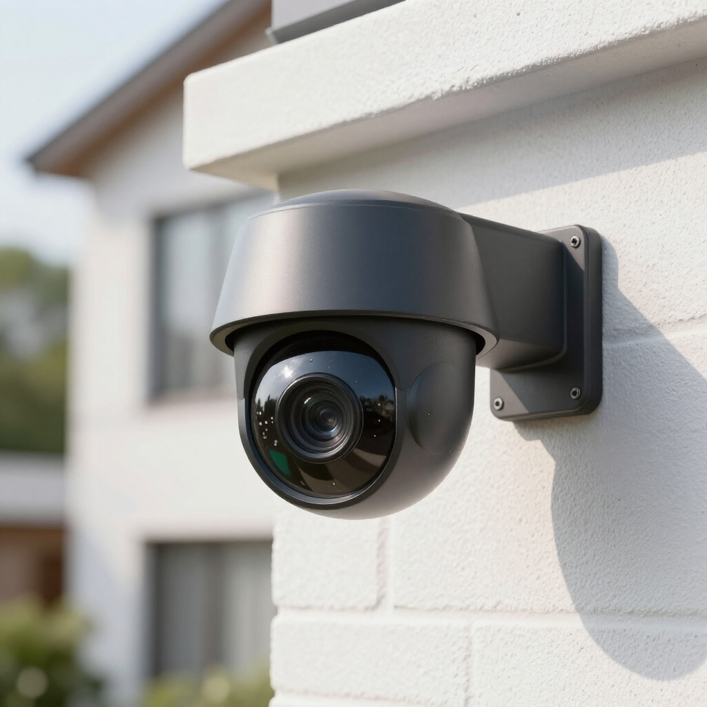 Black dome security camera mounted on a white exterior wall outdoors