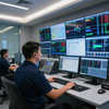 Operators monitoring multiple data screens in a control room with computers and wall displays