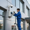 Technician in blue coveralls using a handheld device to service a wall-mounted security system outdoors