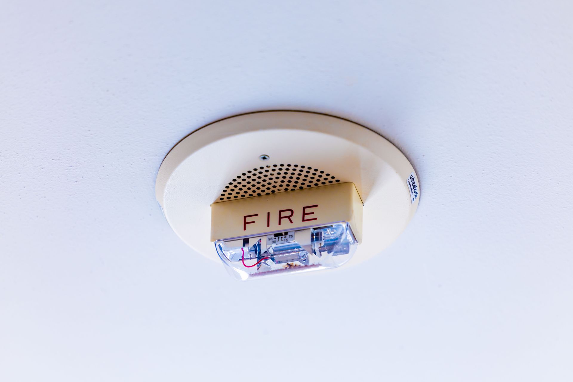 Ceiling-mounted fire alarm horn strobe in a commercial building