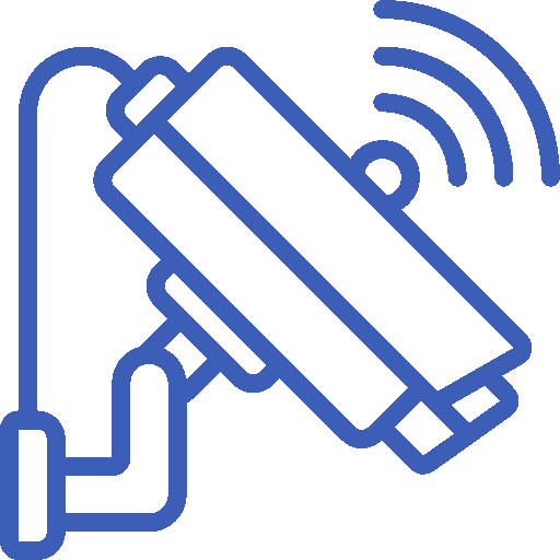 Blue CCTV security camera icon with wireless signal waves