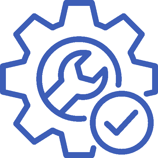 Blue gear with wrench and checkmark, symbolizing maintenance completed or approved