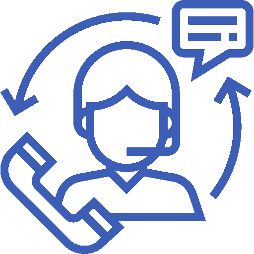 Blue line icon of a customer support agent with phone, chat bubble, and circular arrows