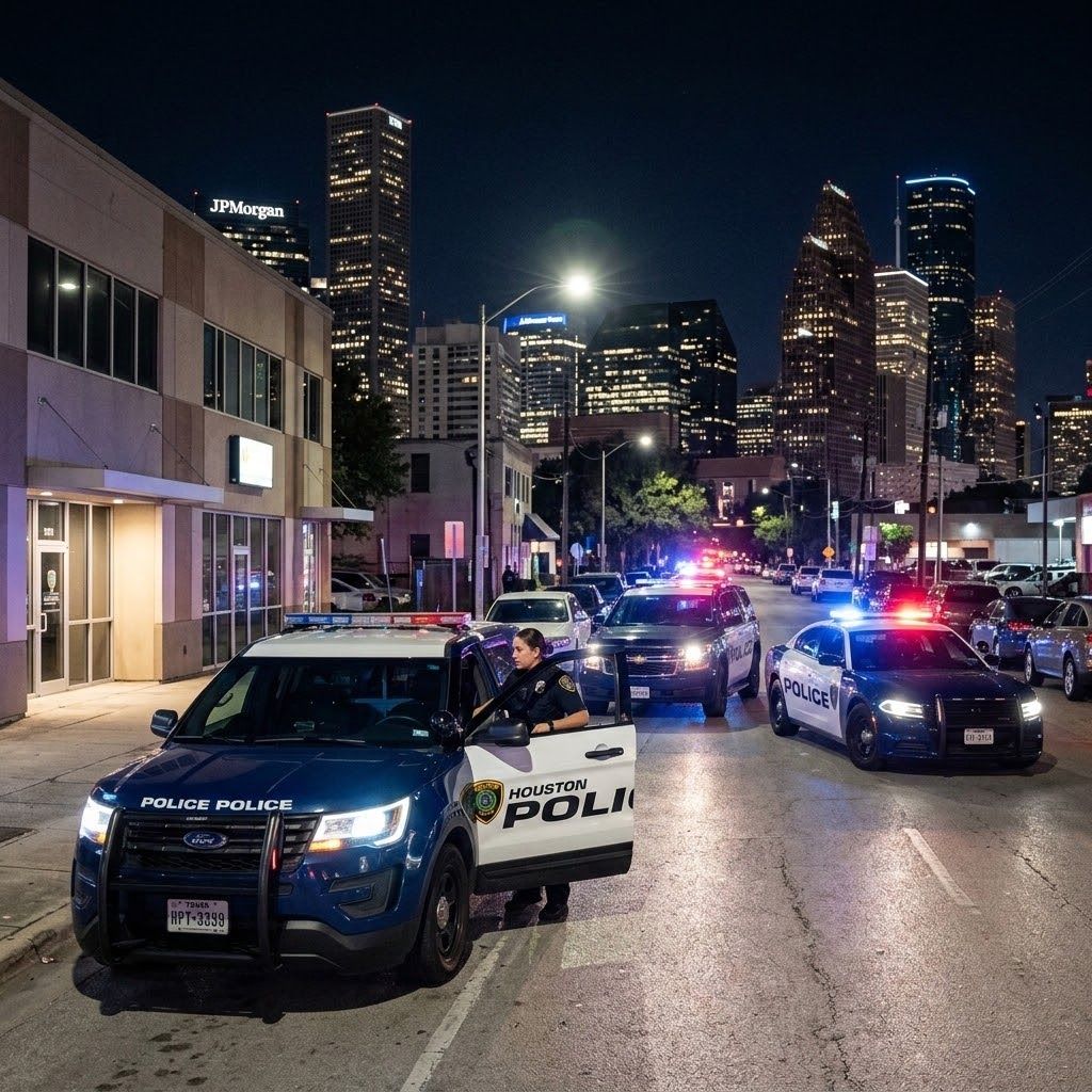 Police cars with flashing lights block a downtown street at night with city skyscrapers in the background