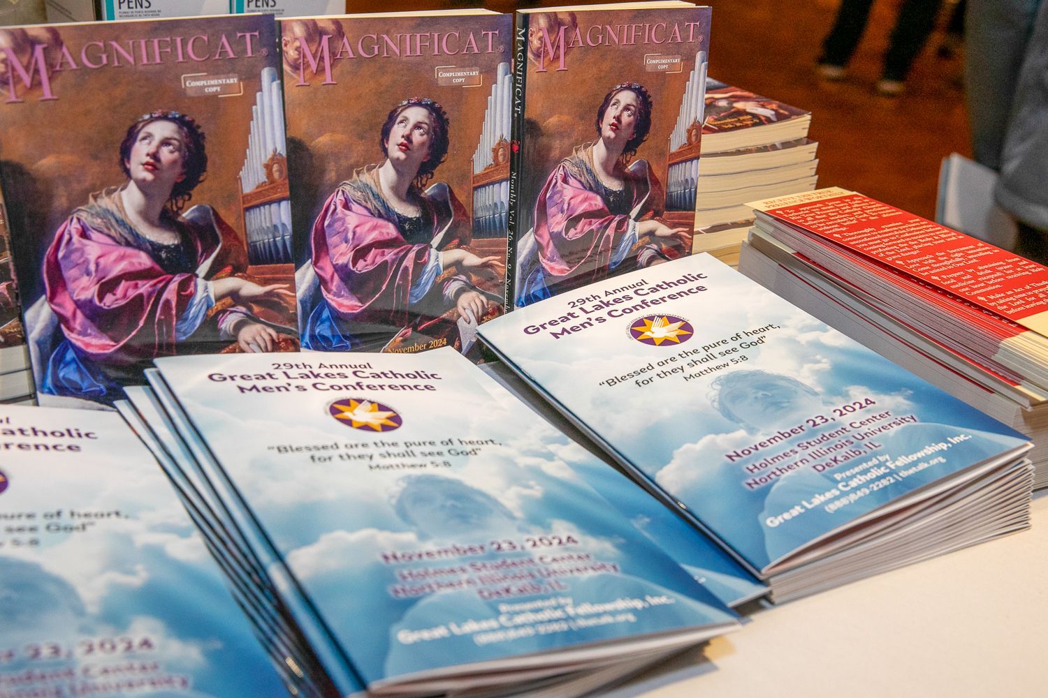 Stacks of blue brochures on a table beside books with a classical painting cover.