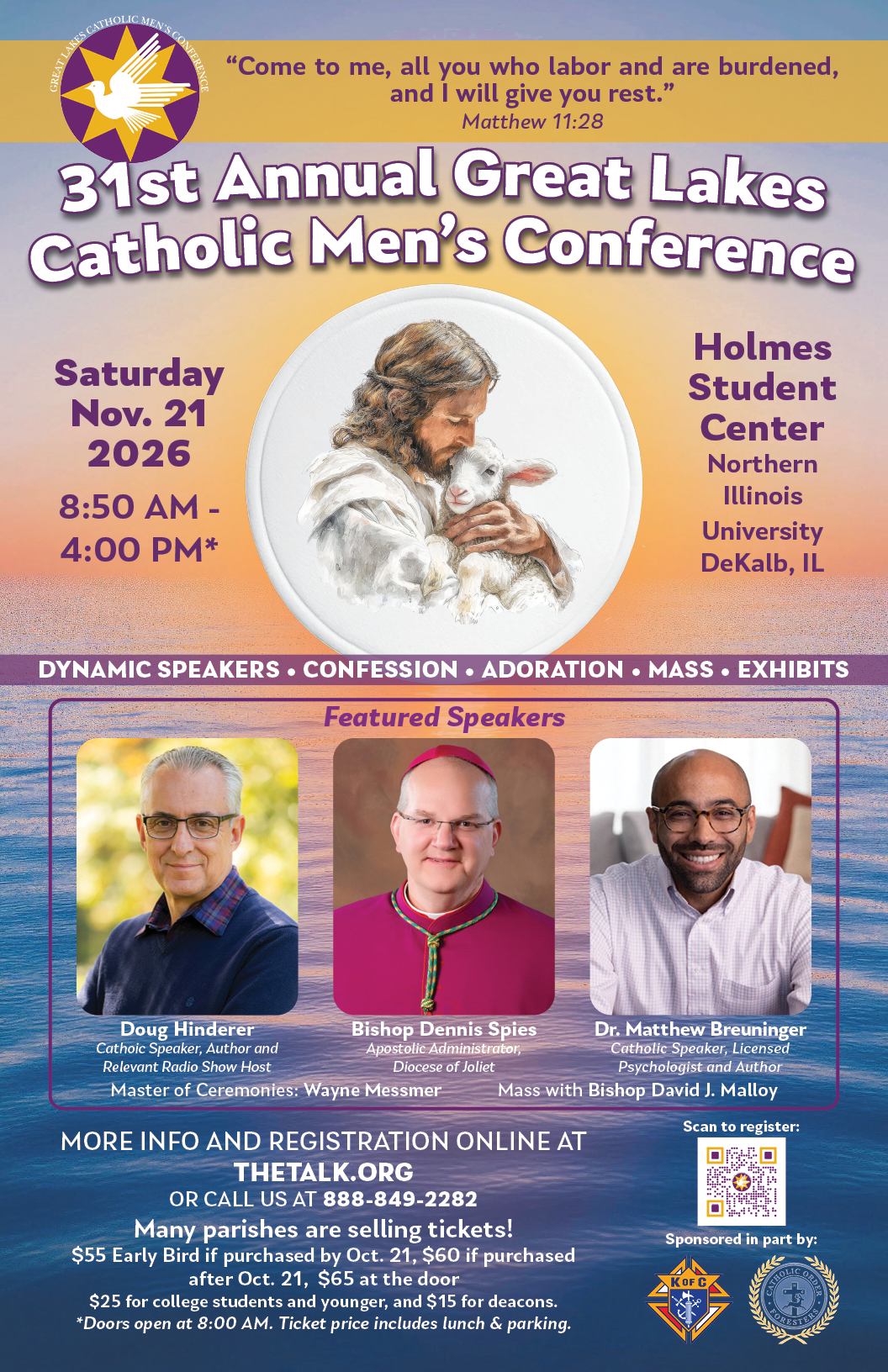 Flyer for 31st Annual Great Lakes Catholic Men's Conference with speakers and event details on a blue-purple background