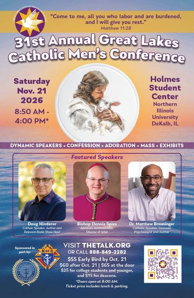 Flyer for 31st Annual Great Lakes Catholic Men's Conference with speakers and event details on a blue-purple background