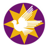 White dove over yellow starburst on purple circle logo