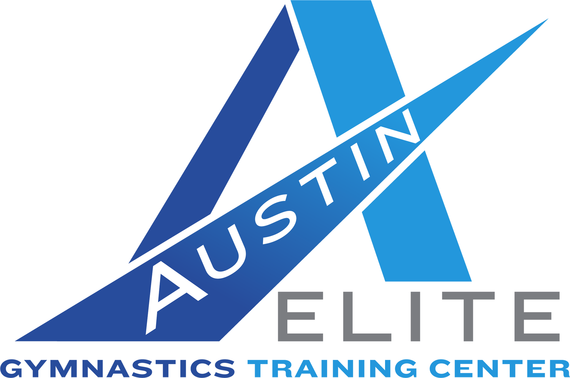 Austin Elite Gymnastics Training Center logo in blue, white, and gray with stylized A
