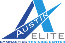 Austin Elite Gymnastics Training Center logo in blue, white, and gray with stylized A